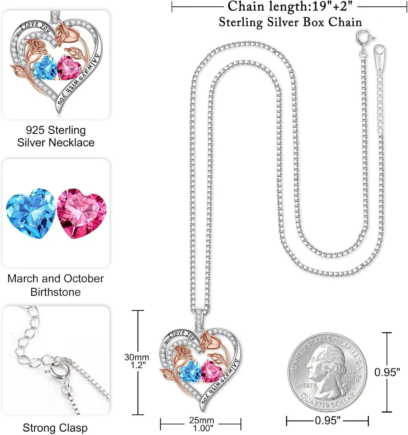 Iefil Birthstone Necklace for Women - 925 Sterling Silver Rose Heart Birthstone Necklace Birthday Anniversary Jewelry Gifts for Her Wife Mom Daughter