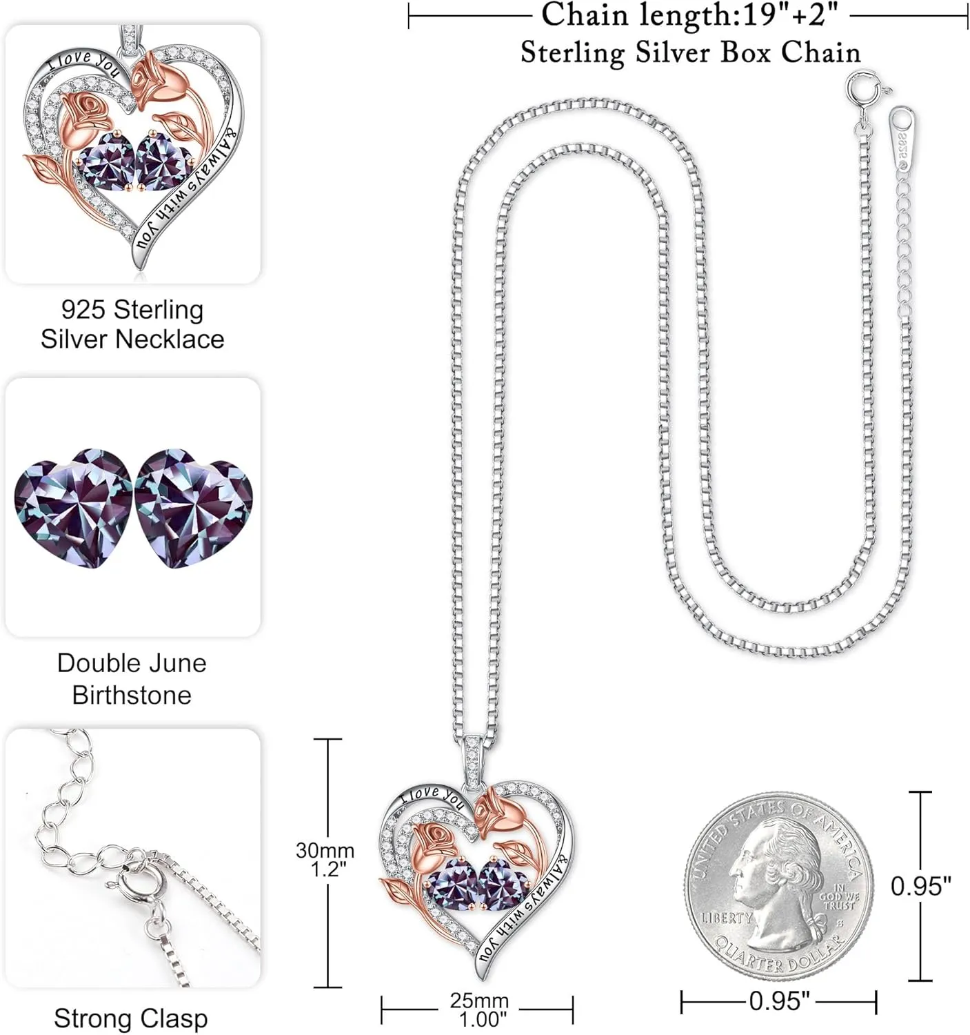 Iefil Birthstone Necklace for Women - 925 Sterling Silver Rose Heart Birthstone Necklace Birthday Anniversary Jewelry Gifts for Her Wife Mom Daughter