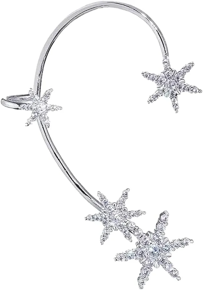 ikasus Snowflake Earring for Women, Super Flash Diamond Snowflake Ear Cuffs Hoop, Vintage Ear Cuff Earrings Wrap Around, No Pierced Earrings Christmas Gifts for Her (Right Ear Earrings Silver)