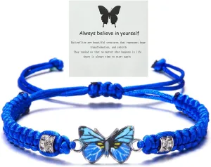 INENIMARTJ Blue Friendship Bracelet for Women Cute Butterfly Charm Bracelets Always Believe in Yourself Butterfly Bracelet Handmade Braided Rope Butterfly Friendship Bracelet for Women