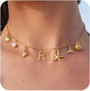 Initial Charm Necklace for Women Boho Summer Beach Starfish Surfer Shell A-Z Letter Choker14K Gold Plated Vacation Jewelry Gift