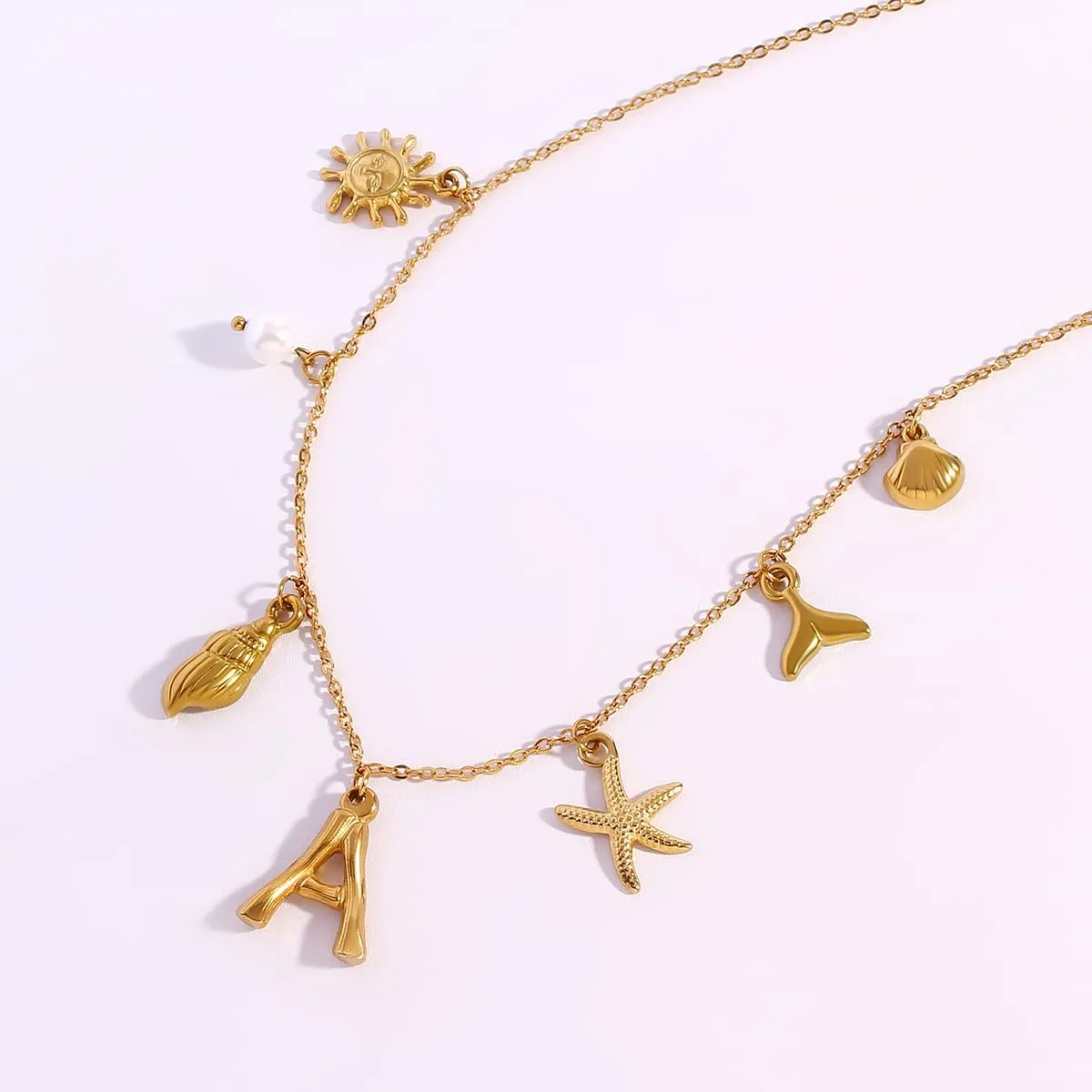 Initial Charm Necklace for Women Boho Summer Beach Starfish Surfer Shell A-Z Letter Choker14K Gold Plated Vacation Jewelry Gift