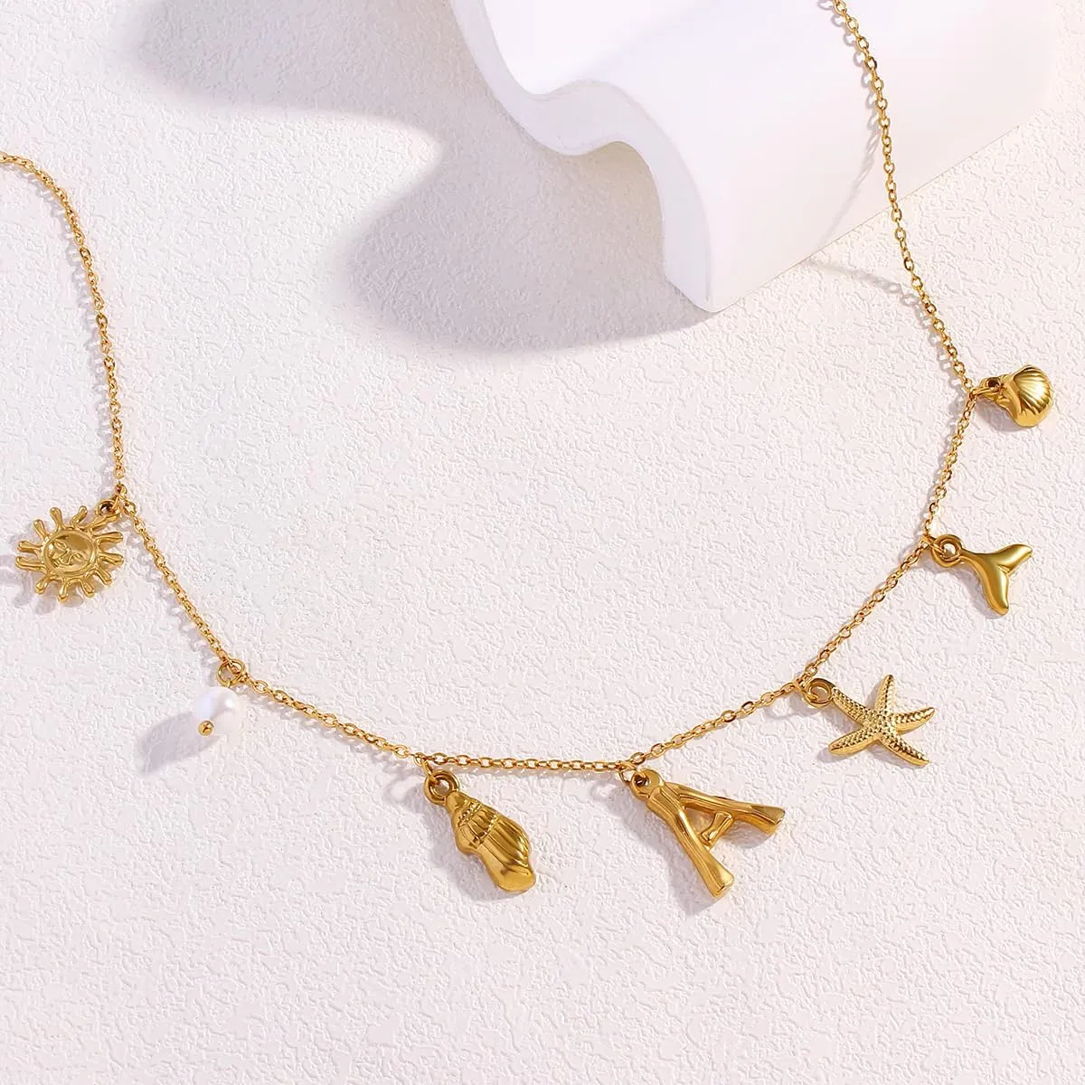 Initial Charm Necklace for Women Boho Summer Beach Starfish Surfer Shell A-Z Letter Choker14K Gold Plated Vacation Jewelry Gift