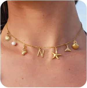 Initial Charm Necklace for Women Boho Summer Beach Starfish Surfer Shell A-Z Letter Choker14K Gold Plated Vacation Jewelry Gift