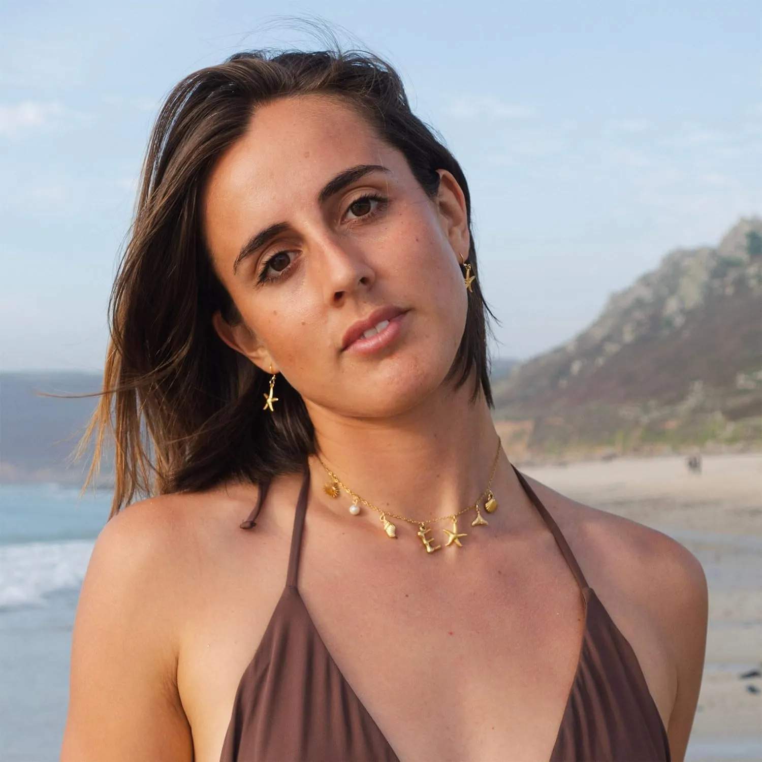 Initial Charm Necklace for Women Boho Summer Beach Starfish Surfer Shell A-Z Letter Choker14K Gold Plated Vacation Jewelry Gift