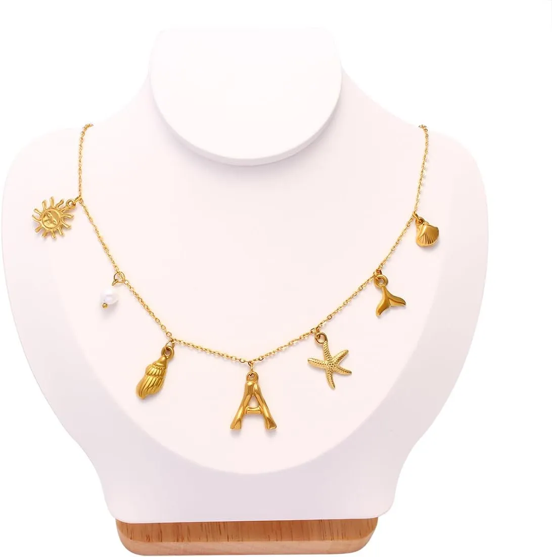 Initial Charm Necklace for Women Boho Summer Beach Starfish Surfer Shell A-Z Letter Choker14K Gold Plated Vacation Jewelry Gift