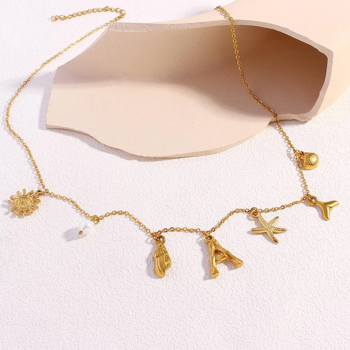Initial Charm Necklace for Women Boho Summer Beach Starfish Surfer Shell A-Z Letter Choker14K Gold Plated Vacation Jewelry Gift
