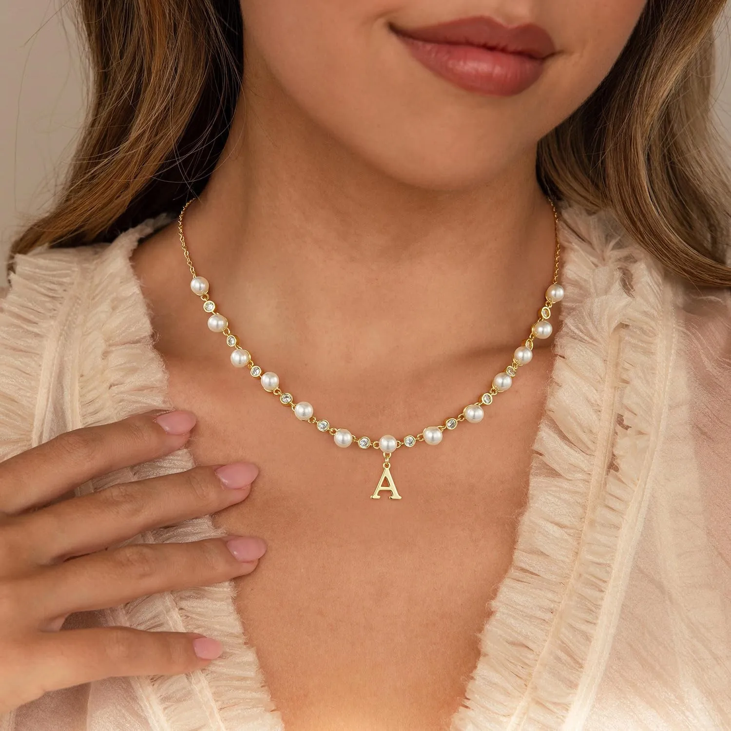 Initial Pearl Necklaces for Women Dainty 14K Gold Plated Pearl Choker Necklace Cute Pearl CZ Chain Letter Pendant Necklace Personalized Name Necklace Teen Gift Trendy Stuff Jewelry Gifts