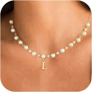 Initial Pearl Necklaces for Women Dainty 14K Gold Plated Pearl Choker Necklace Cute Pearl CZ Chain Letter Pendant Necklace Personalized Name Necklace Teen Gift Trendy Stuff Jewelry Gifts