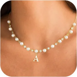 Initial Pearl Necklaces for Women Dainty 14K Gold Plated Pearl Choker Necklace Cute Pearl CZ Chain Letter Pendant Necklace Personalized Name Necklace Teen Gift Trendy Stuff Jewelry Gifts