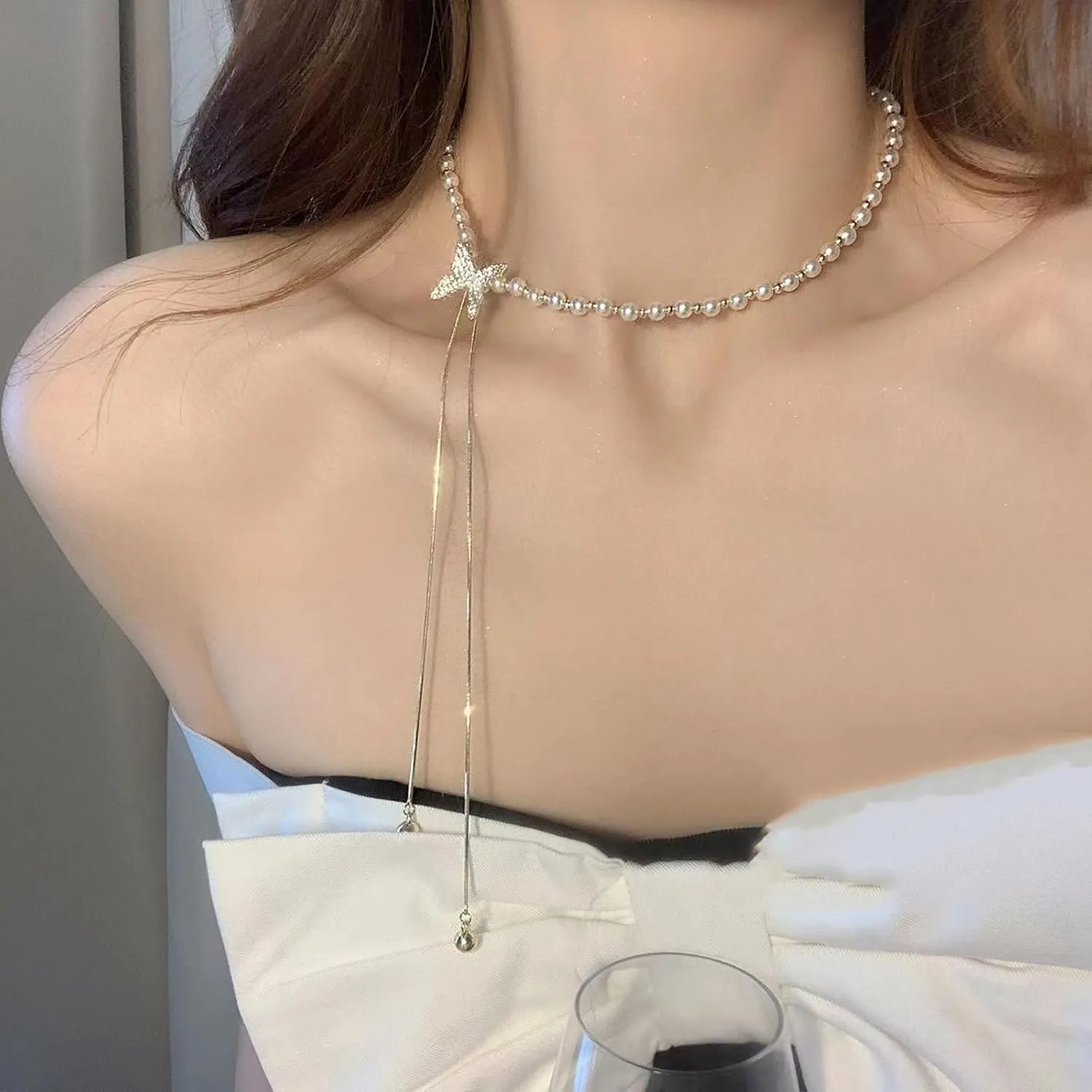 Irregular Y2k Long Y-shaped Necklace with Zircon Inlaid Sparkling Brick Tassel Pendant Double-Layer Chain High-end Fashion Accessory Women's