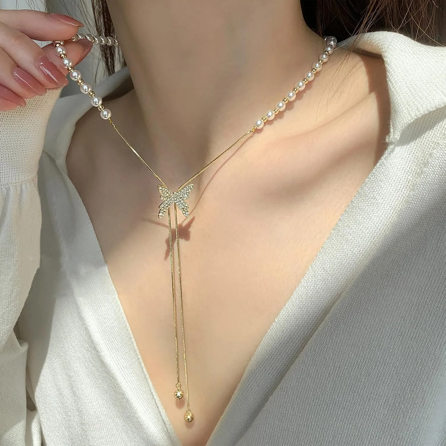 Irregular Y2k Long Y-shaped Necklace with Zircon Inlaid Sparkling Brick Tassel Pendant Double-Layer Chain High-end Fashion Accessory Women's