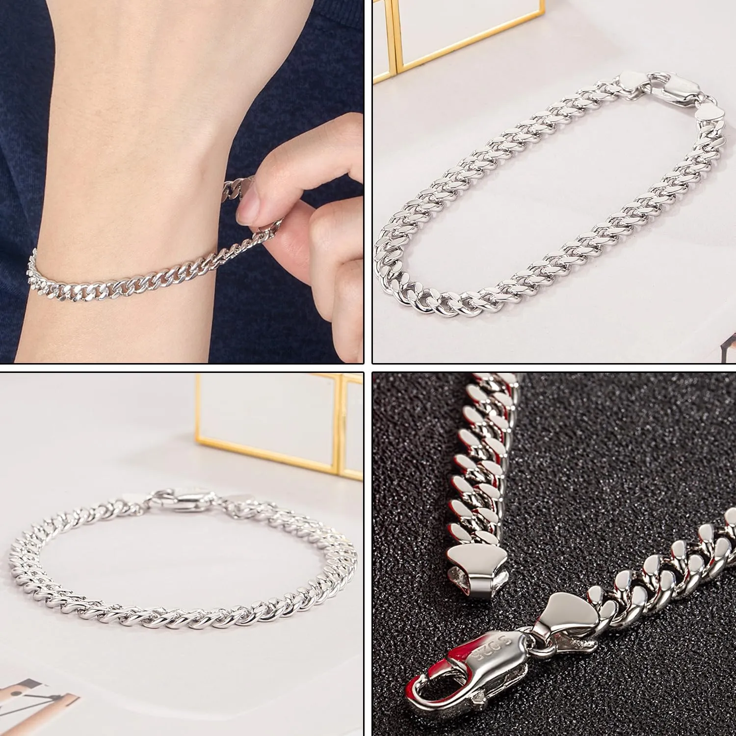 Italian Sterling Silver Cuban Link Chain Bracelet Men 3MM 4MM 5MM 6.3 "6.7" 7 "7.5" 8 "8.5" 9 "Solid 925 Silver Bangle For Woman Cuff Jewelry Gift
