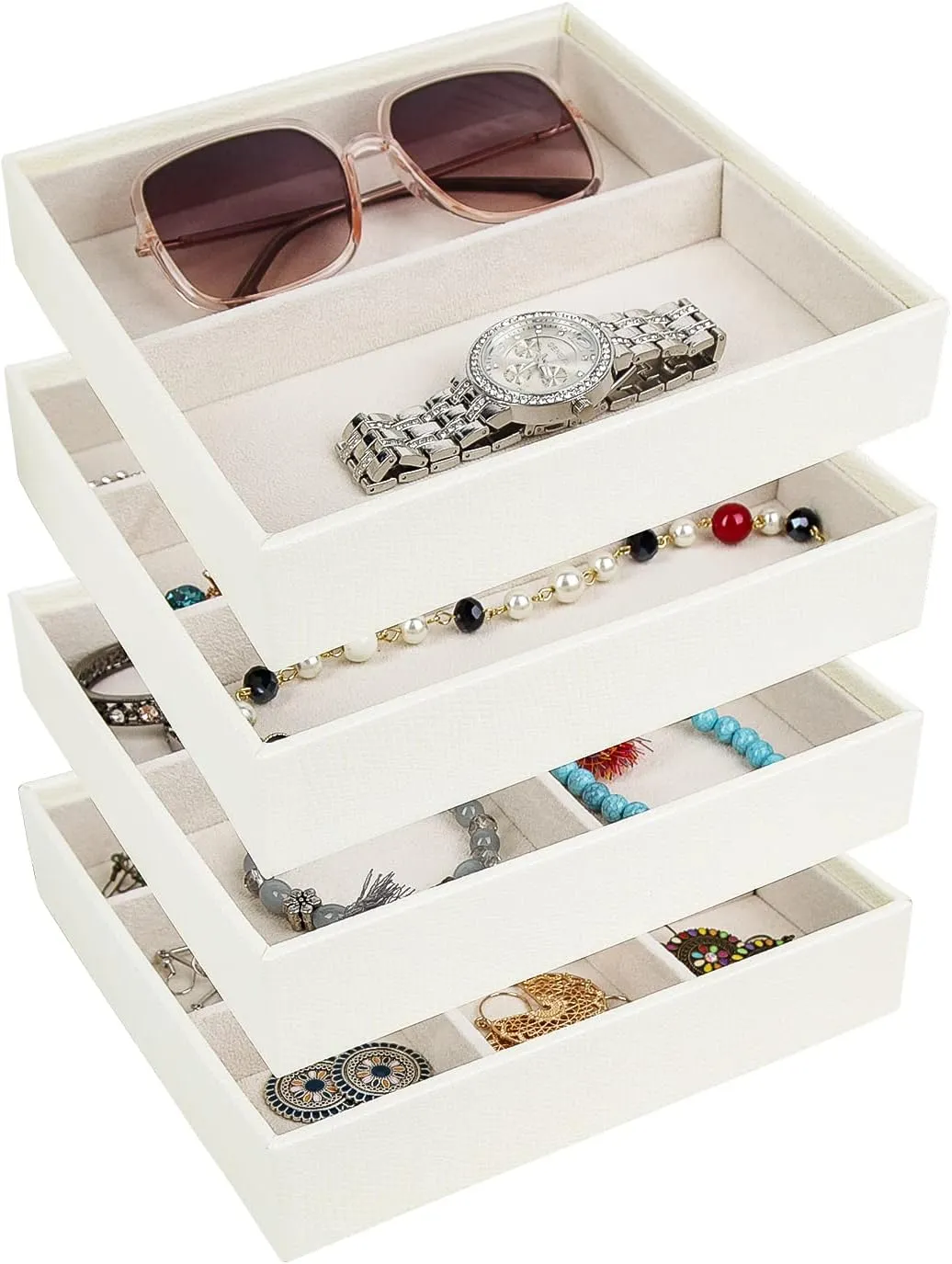 J JACKCUBE DESIGN 4 Stackable Trays Jewelry Storage Display Case for Drawer or Dresser - Holder for Earring Ring Necklace or Cufflinks - MK220-2ABCD