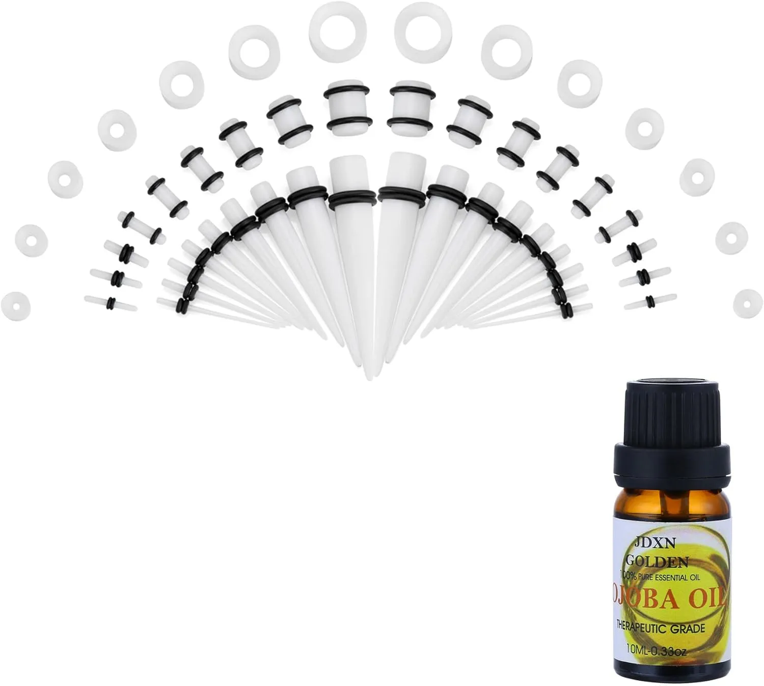 JDXN 50 Pieces Acrylic Ear Stretching Kit   Aftercare Jojoba Oil Tapers Plugs Silicone Tunnels Gauges Expander 14G-00G Jewelry 50 Pieces Set Body Piercing Jewelry