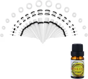 JDXN 50 Pieces Acrylic Ear Stretching Kit   Aftercare Jojoba Oil Tapers Plugs Silicone Tunnels Gauges Expander 14G-00G Jewelry 50 Pieces Set Body Piercing Jewelry