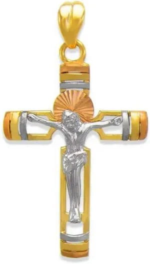 Jesus Cross Pendant 14K Tricolor Gold - Luxury Catholic Christian Religious Necklace - Nice Jewelry Gift for Women and Men - Size 32 MM