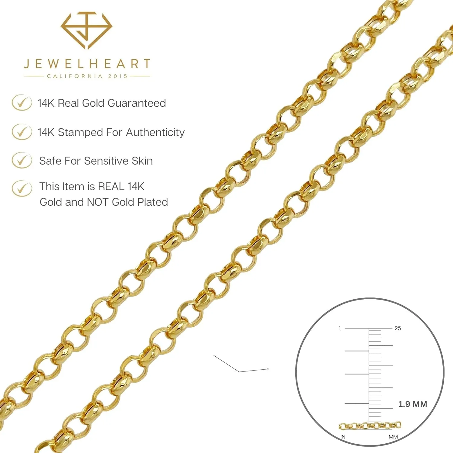 JEWELHEART 14K Yellow Real Gold Rolo Chain 1.9mm 2.5mm 2.8mm 3.75mm 4.2mm 5.2mm Diamond Cut Trendy Round Link Chain Pendant Necklace For Women with Lobster Clasp 16" 18" 20" 22" 24"