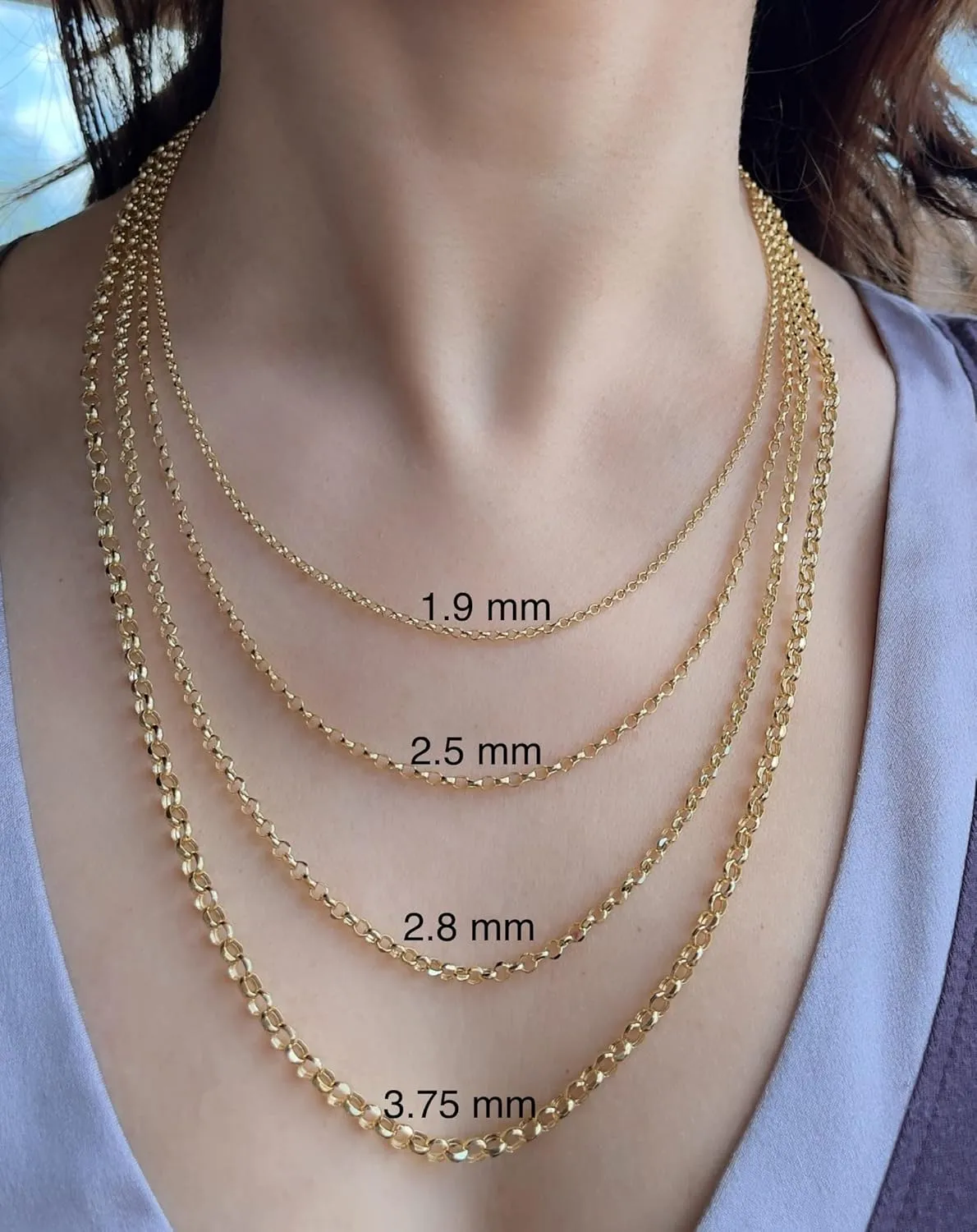 JEWELHEART 14K Yellow Real Gold Rolo Chain 1.9mm 2.5mm 2.8mm 3.75mm 4.2mm 5.2mm Diamond Cut Trendy Round Link Chain Pendant Necklace For Women with Lobster Clasp 16" 18" 20" 22" 24"