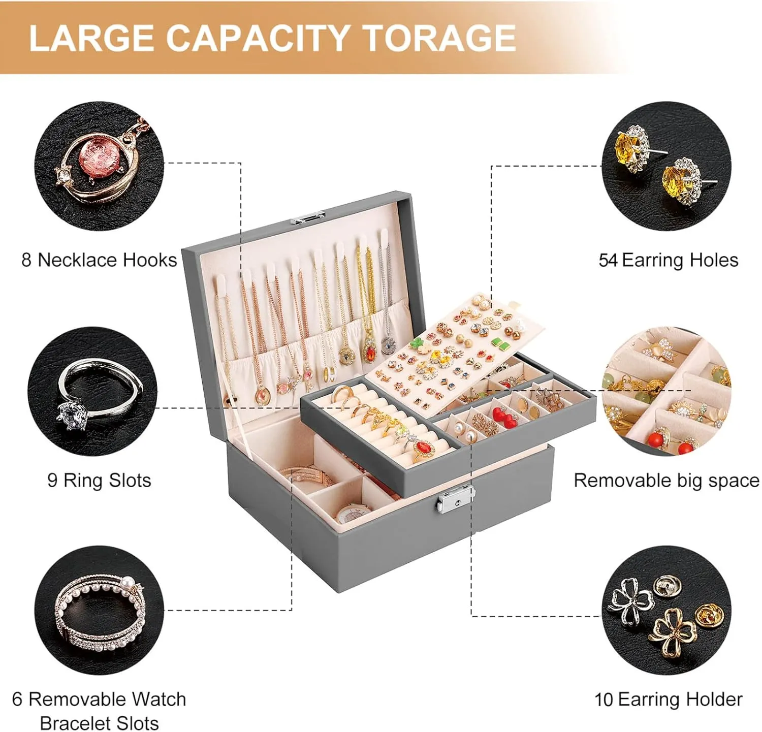 Jewelry Box for Women Girls 2 Layer Leather Travel Jewelry Organizer Storage Case with Lock and Removable Tray for Necklace Earrings Rings Bracelets Gift, Come with Polishing Cloth and Jewelry Bags