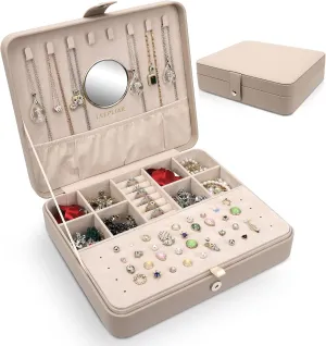 Jewelry Box for Women Girls,PU Leather Jewelry Organizer Case, Large Capacity Jewellery Storage Holder Display for Ring Earrings Necklace Bracelet Bangle,Light Apricot