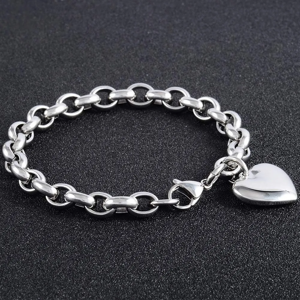 Jewelry Kingdom 1 Heart Charm Bracelet for Women Girls Silver Stainless Steel Chain Adjustable Valentines Day Jewelry Gift (Length of 7-11")