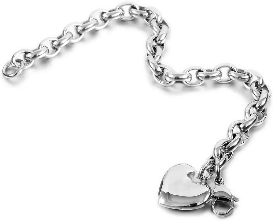 Jewelry Kingdom 1 Heart Charm Bracelet for Women Girls Silver Stainless Steel Chain Adjustable Valentines Day Jewelry Gift (Length of 7-11")