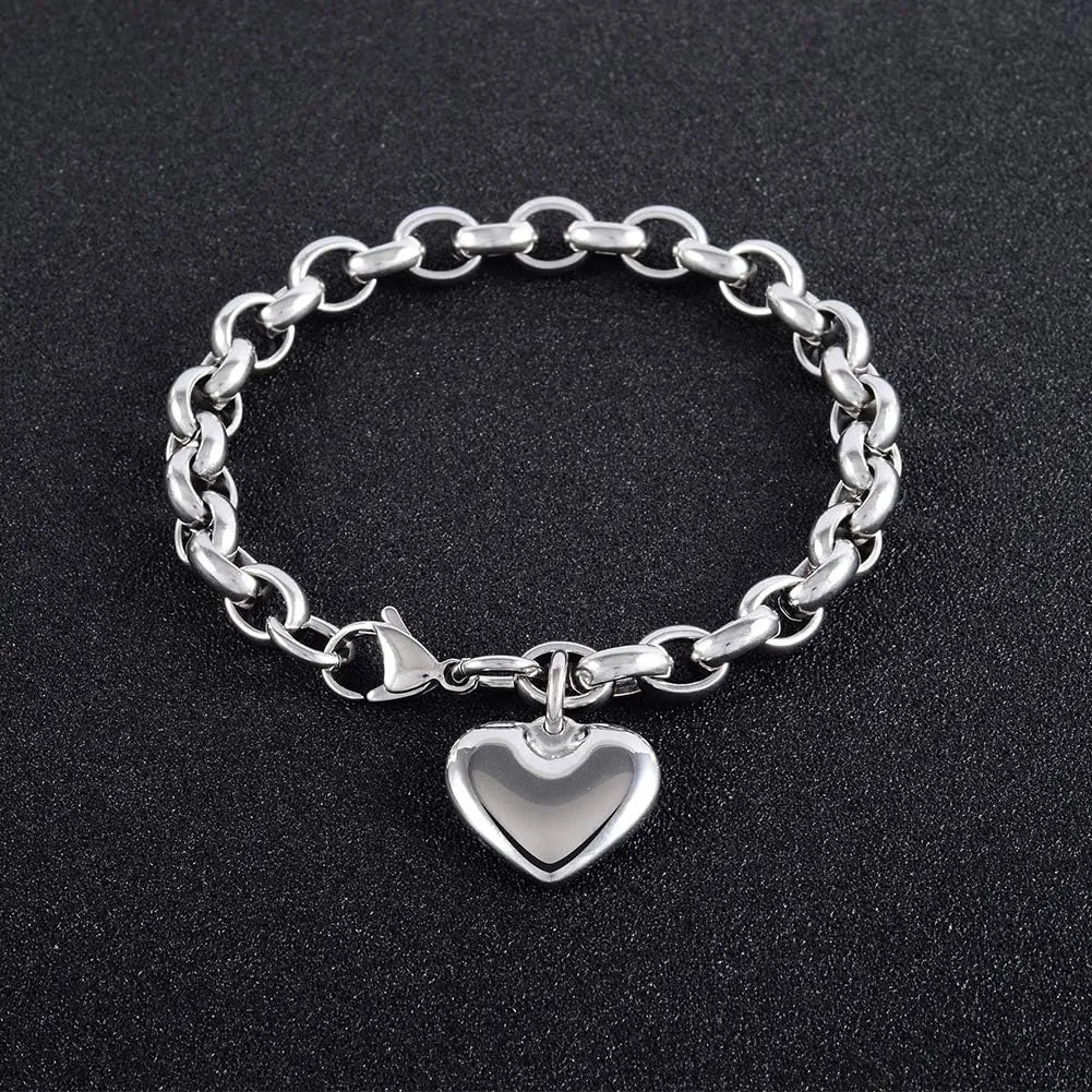 Jewelry Kingdom 1 Heart Charm Bracelet for Women Girls Silver Stainless Steel Chain Adjustable Valentines Day Jewelry Gift (Length of 7-11")