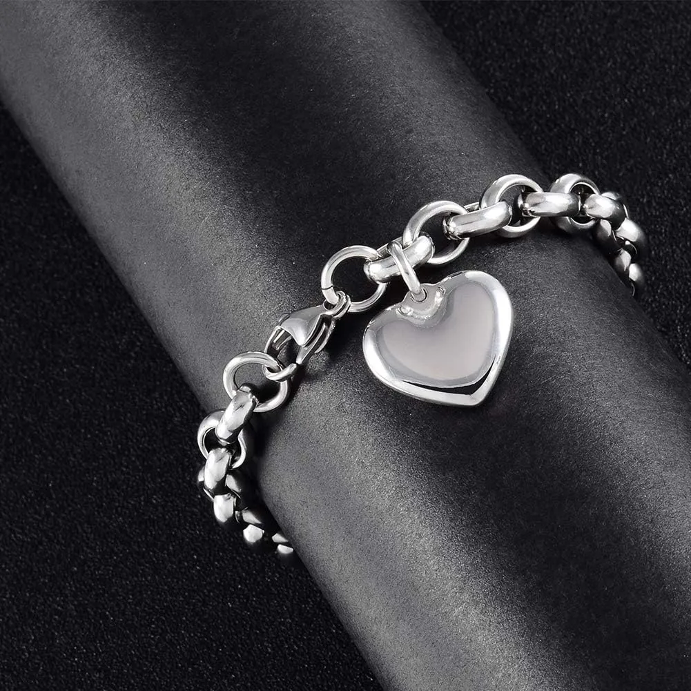Jewelry Kingdom 1 Heart Charm Bracelet for Women Girls Silver Stainless Steel Chain Adjustable Valentines Day Jewelry Gift (Length of 7-11")