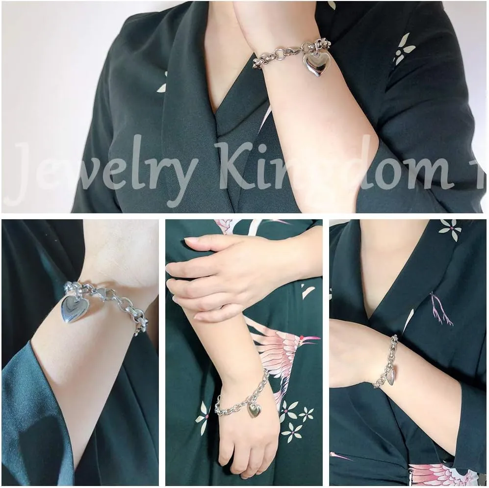 Jewelry Kingdom 1 Heart Charm Bracelet for Women Girls Silver Stainless Steel Chain Adjustable Valentines Day Jewelry Gift (Length of 7-11")