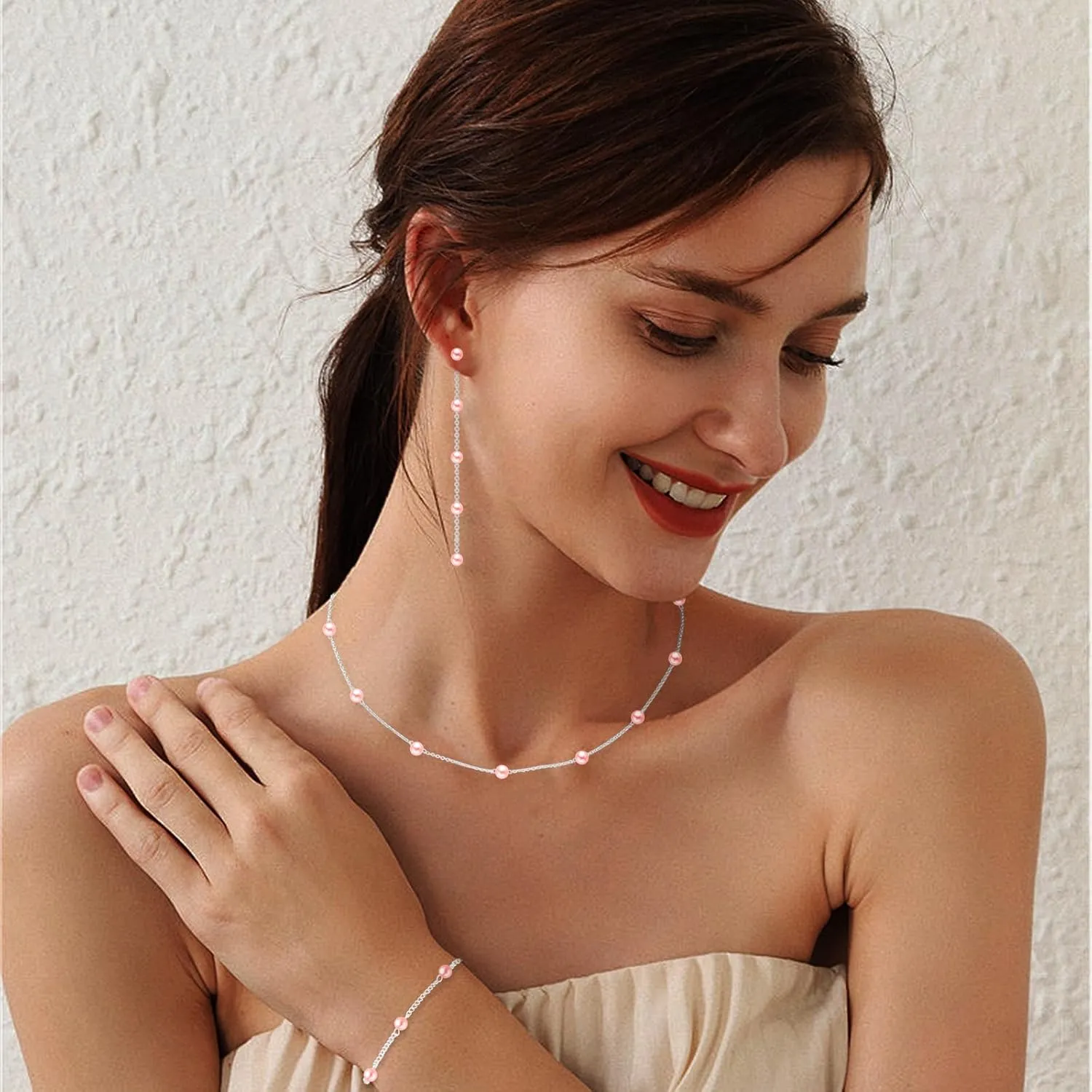 Jewelry Set for Women 14K Gold/Silver Plated Jewelry Set with Pearl Necklace and Drop Earring Bracelets