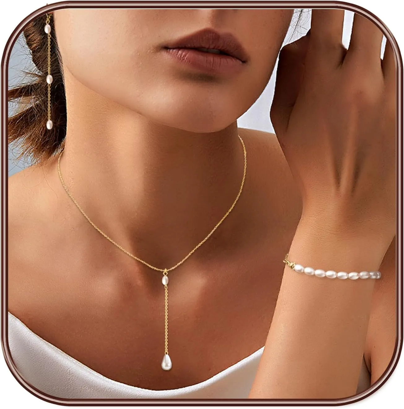 Jewelry Set for Women 14K Gold/Silver Plated Jewelry Set with Pearl Necklace and Drop Earring Bracelets