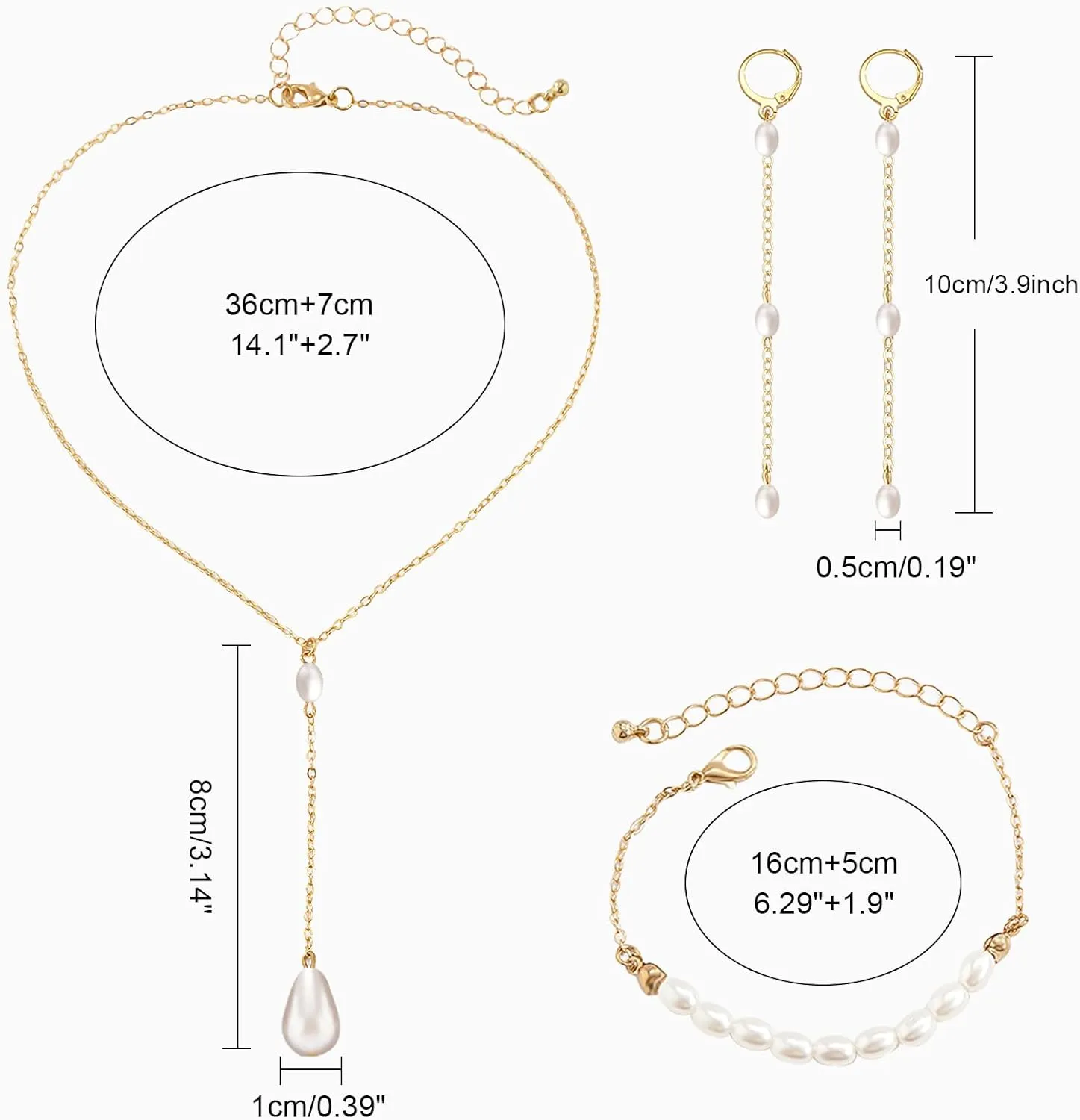 Jewelry Set for Women 14K Gold/Silver Plated Jewelry Set with Pearl Necklace and Drop Earring Bracelets