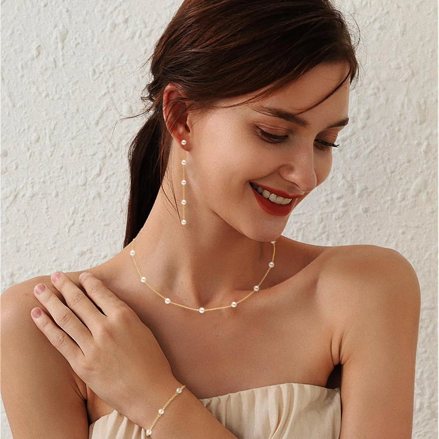 Jewelry Set for Women 14K Gold/Silver Plated Jewelry Set with Pearl Necklace and Drop Earring Bracelets