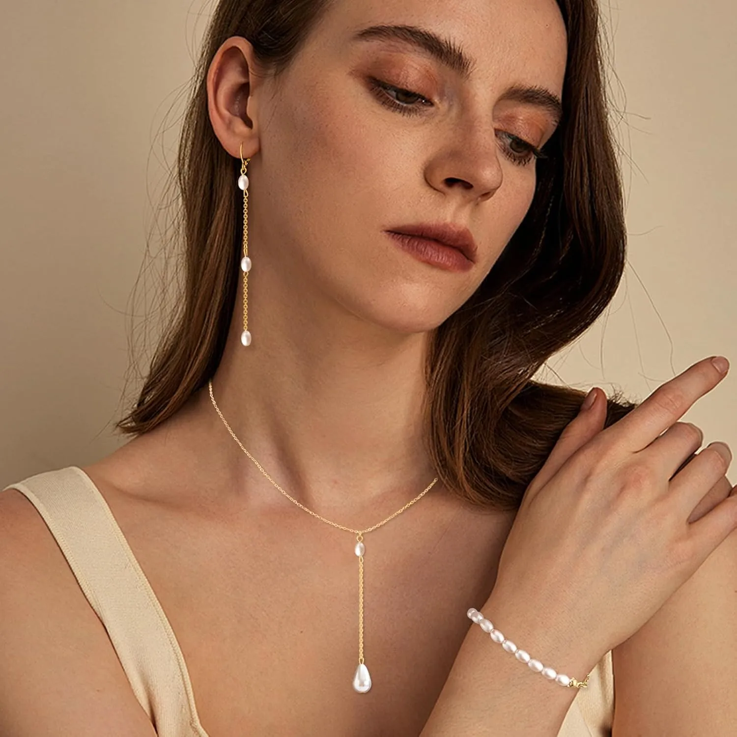 Jewelry Set for Women 14K Gold/Silver Plated Jewelry Set with Pearl Necklace and Drop Earring Bracelets