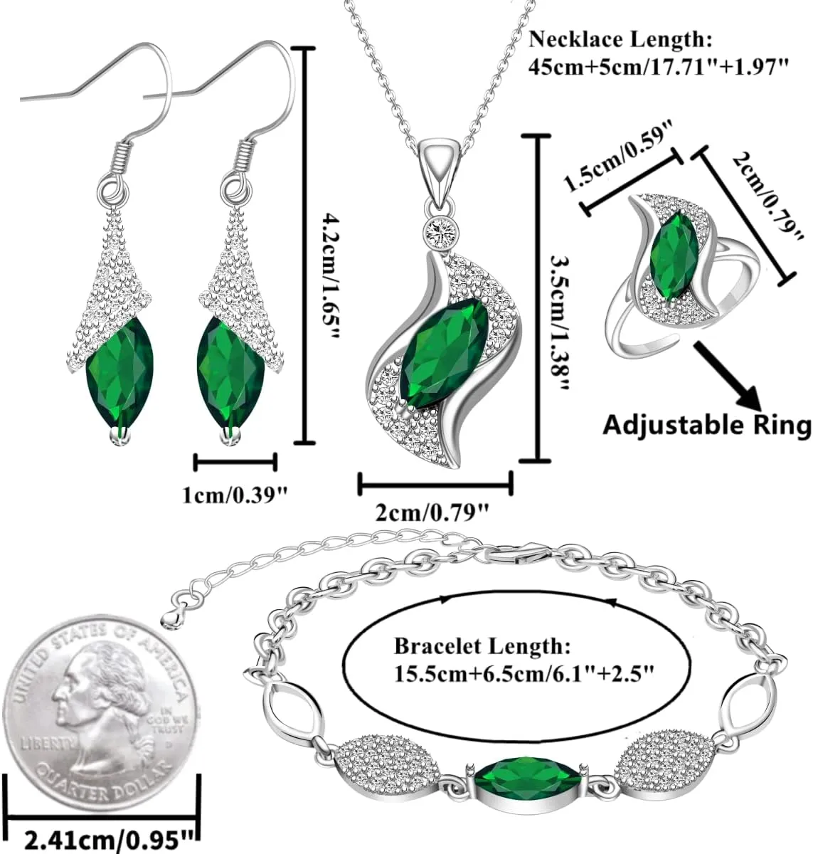 Jewelry Sets for Women Necklace Dangle Earrings Adjustable Ring Bracelet Costume Luxury Set for Women Girl Mom Wife Girlfriend Best Friend Ladies Bride bridesmaid Gift
