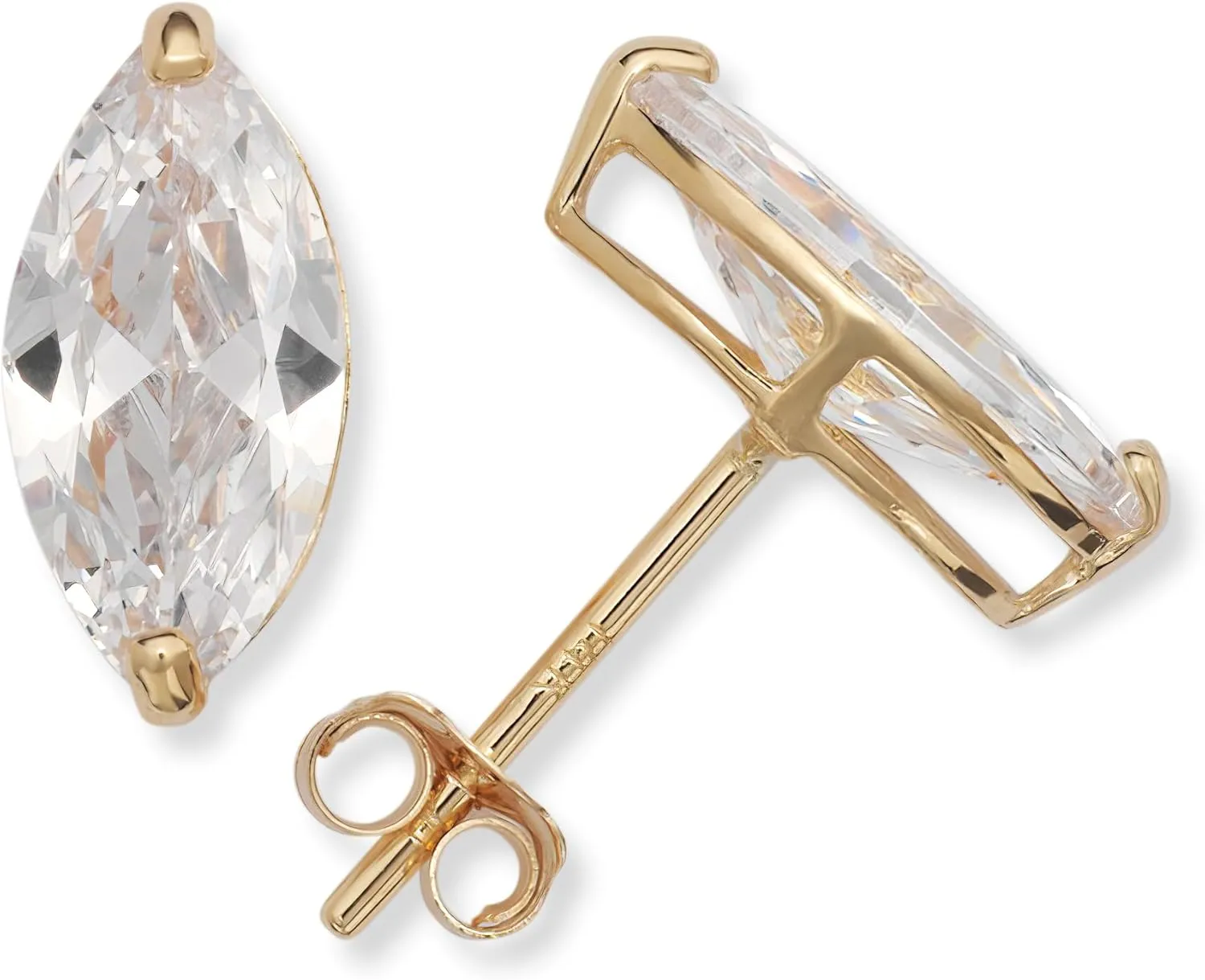 Jewelryweb - Real 14k Yellow Gold Marquis Cubic Zirconia Solitaire Earrings -Three Sizes - Stud Earrings for Women Men - Hypoallergenic Earrings