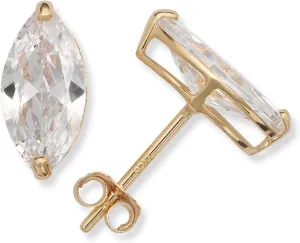 Jewelryweb - Real 14k Yellow Gold Marquis Cubic Zirconia Solitaire Earrings -Three Sizes - Stud Earrings for Women Men - Hypoallergenic Earrings