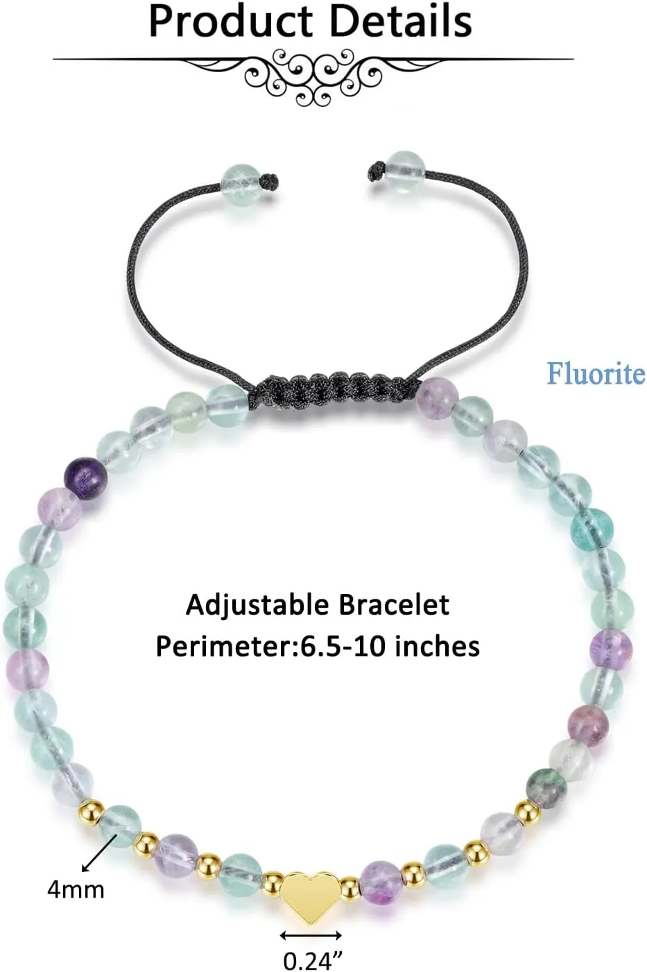 Jovivi 4mm Natural Semi-Precious Gemstone Healing Crystal Stone Beaded Bracelets with Heart Charm for Women Men Handmade Braided Rope Adjustable