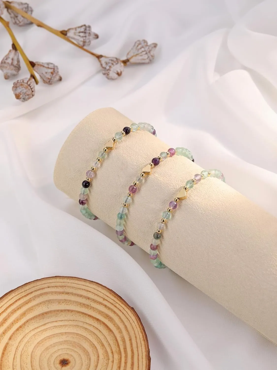 Jovivi 4mm Natural Semi-Precious Gemstone Healing Crystal Stone Beaded Bracelets with Heart Charm for Women Men Handmade Braided Rope Adjustable