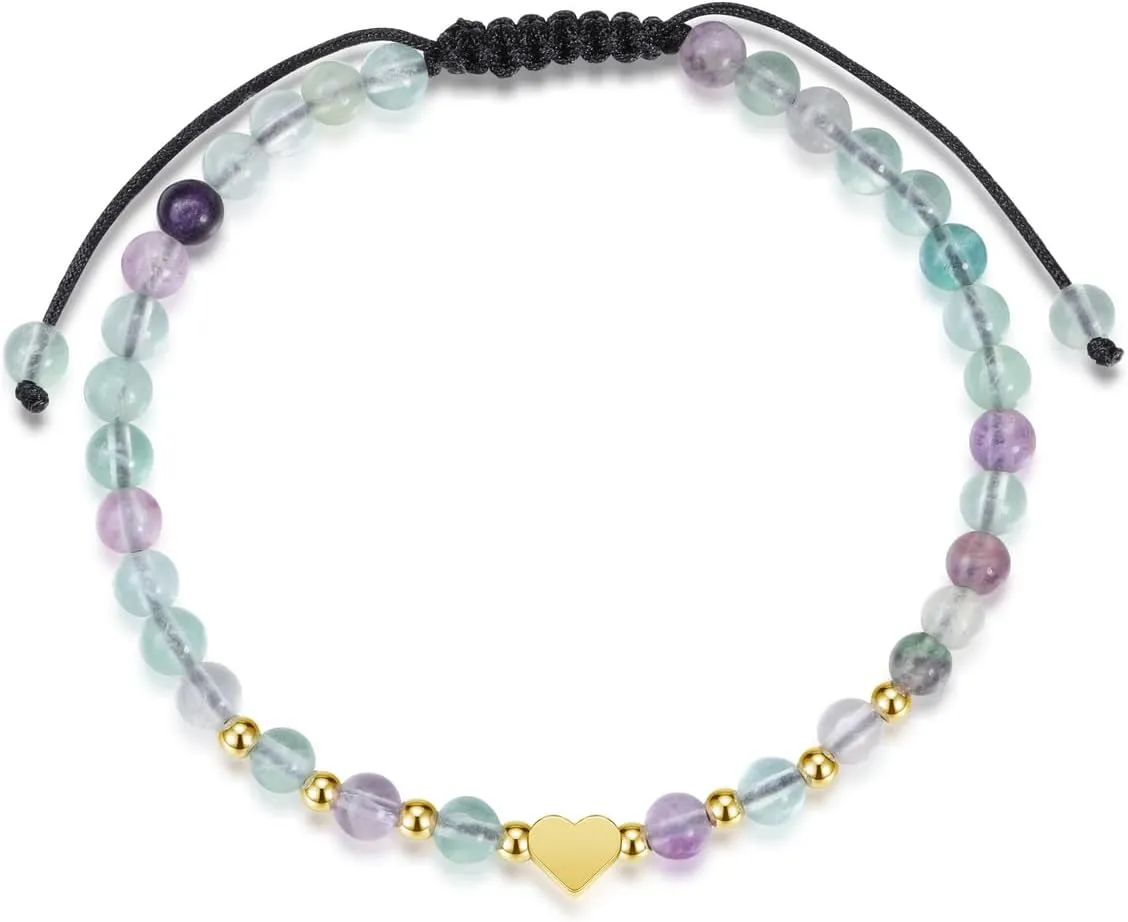 Jovivi 4mm Natural Semi-Precious Gemstone Healing Crystal Stone Beaded Bracelets with Heart Charm for Women Men Handmade Braided Rope Adjustable