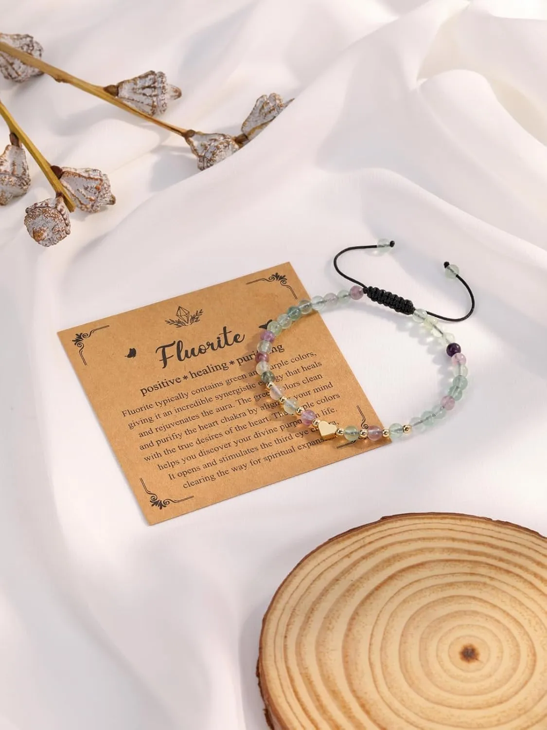 Jovivi 4mm Natural Semi-Precious Gemstone Healing Crystal Stone Beaded Bracelets with Heart Charm for Women Men Handmade Braided Rope Adjustable