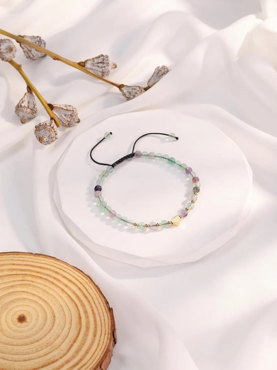 Jovivi 4mm Natural Semi-Precious Gemstone Healing Crystal Stone Beaded Bracelets with Heart Charm for Women Men Handmade Braided Rope Adjustable
