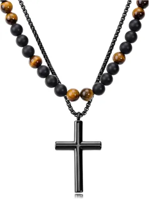 Jovivi Mens Necklace Set 2pcs Matte Black Agate Tigers Eye Gemstone Beaded Healing Crystal Necklace Stainless Steel Cross Pendant Necklace for Men Meditation Jewelry