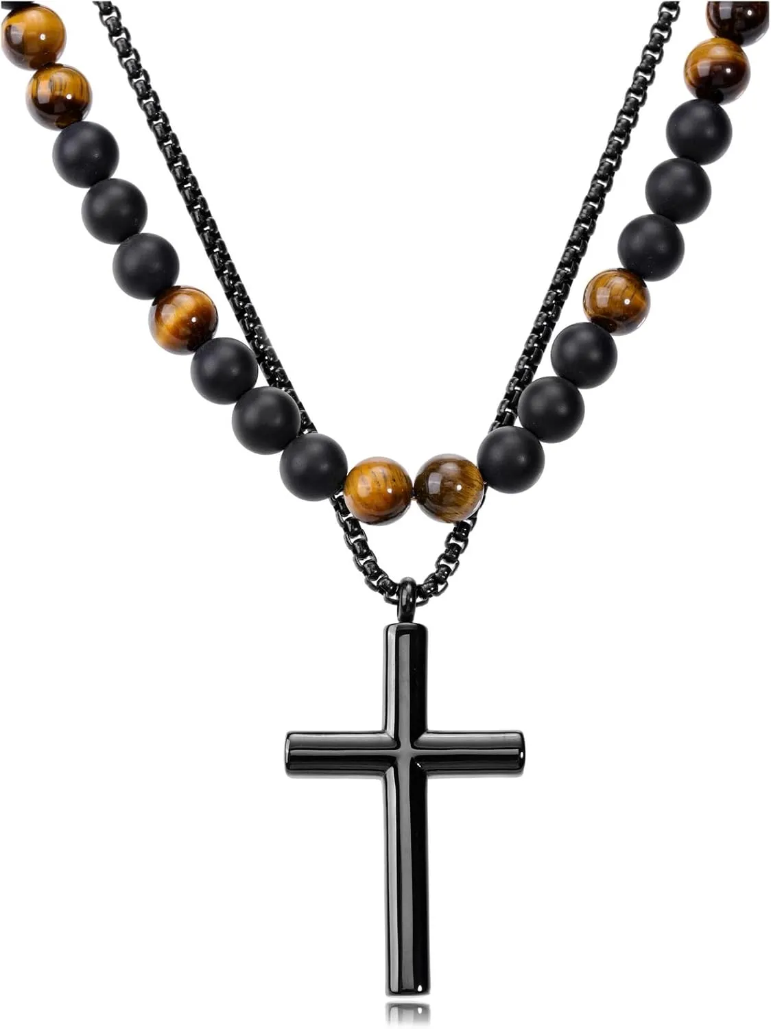 Jovivi Mens Necklace Set 2pcs Matte Black Agate Tigers Eye Gemstone Beaded Healing Crystal Necklace Stainless Steel Cross Pendant Necklace for Men Meditation Jewelry