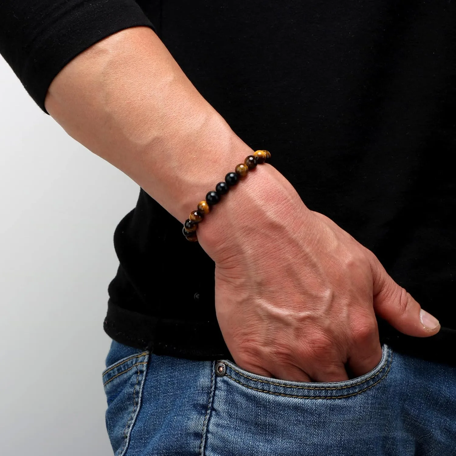 JoycuFF Fathers Day Birthday Gifts for Boyfriend Husband Brother from Girlfriend Wife, To My Man Adjustable 8mm Mens Tiger Eye Black Matte Agate Bead Bracelets