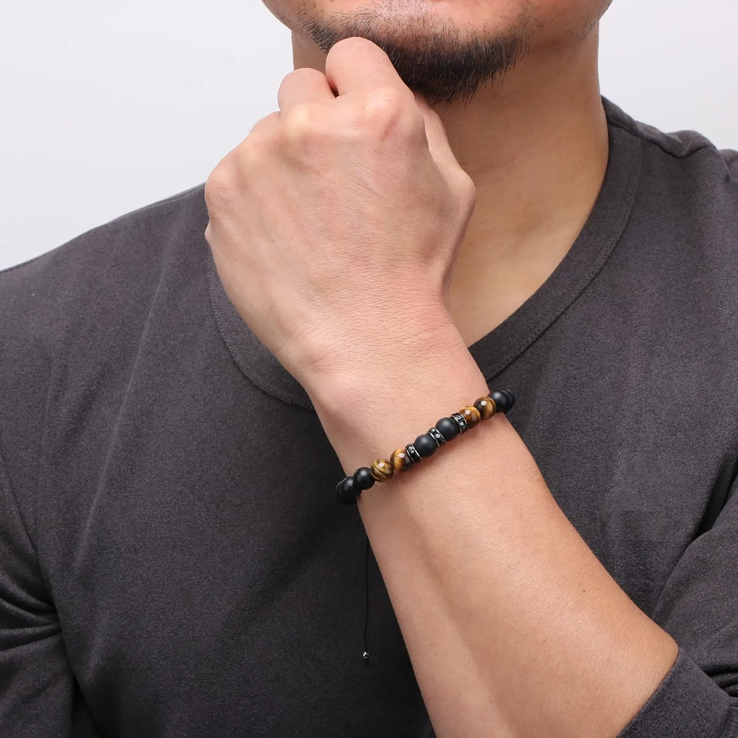 JoycuFF Fathers Day Birthday Gifts for Boyfriend Husband Brother from Girlfriend Wife, To My Man Adjustable 8mm Mens Tiger Eye Black Matte Agate Bead Bracelets