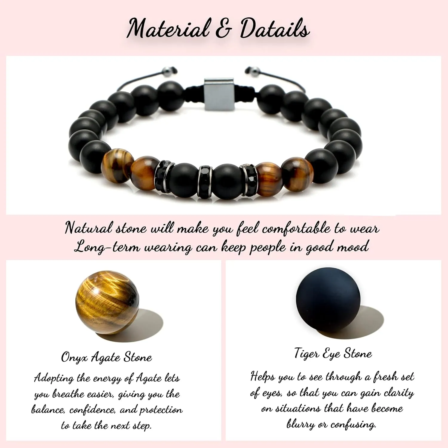 JoycuFF Fathers Day Birthday Gifts for Boyfriend Husband Brother from Girlfriend Wife, To My Man Adjustable 8mm Mens Tiger Eye Black Matte Agate Bead Bracelets