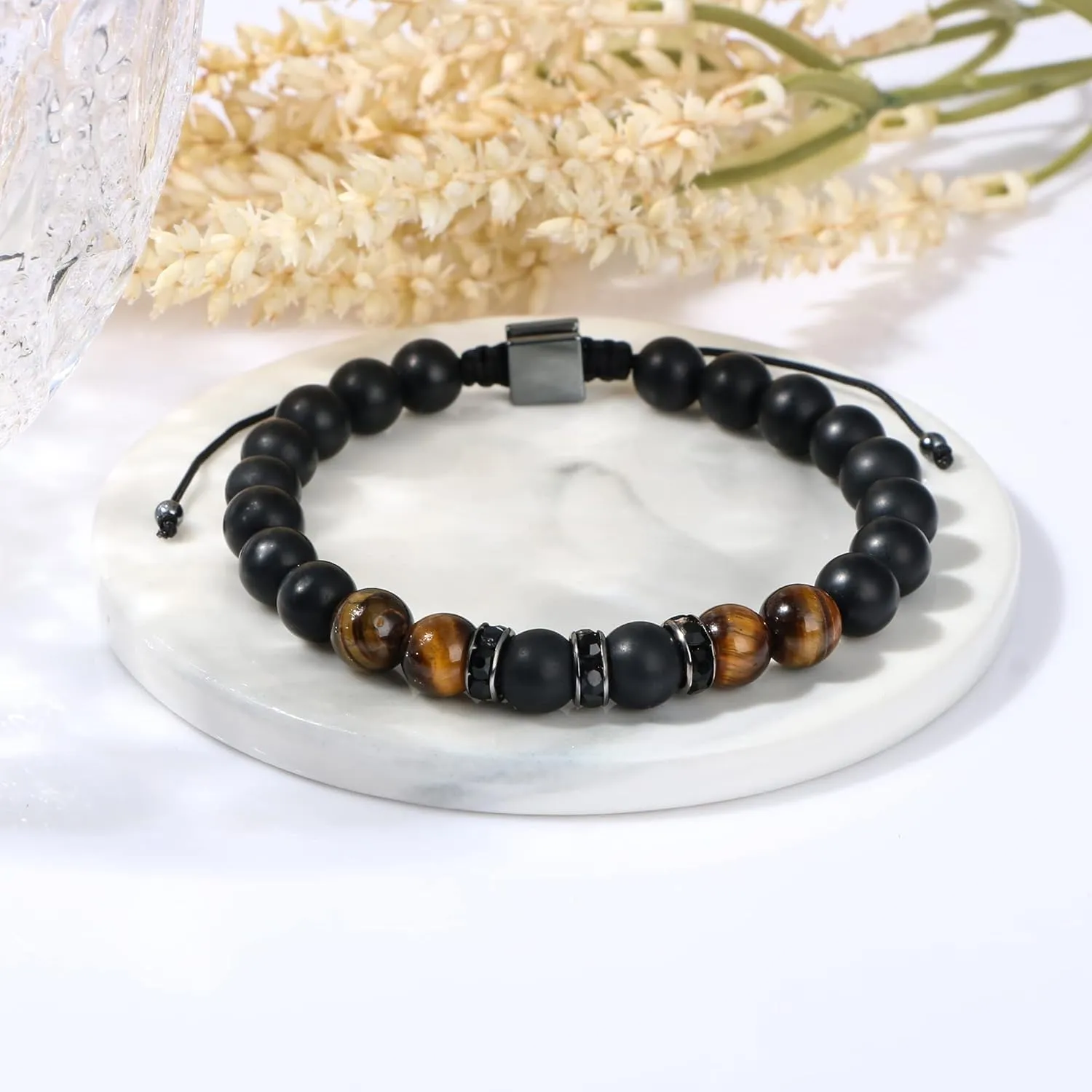 JoycuFF Fathers Day Birthday Gifts for Boyfriend Husband Brother from Girlfriend Wife, To My Man Adjustable 8mm Mens Tiger Eye Black Matte Agate Bead Bracelets