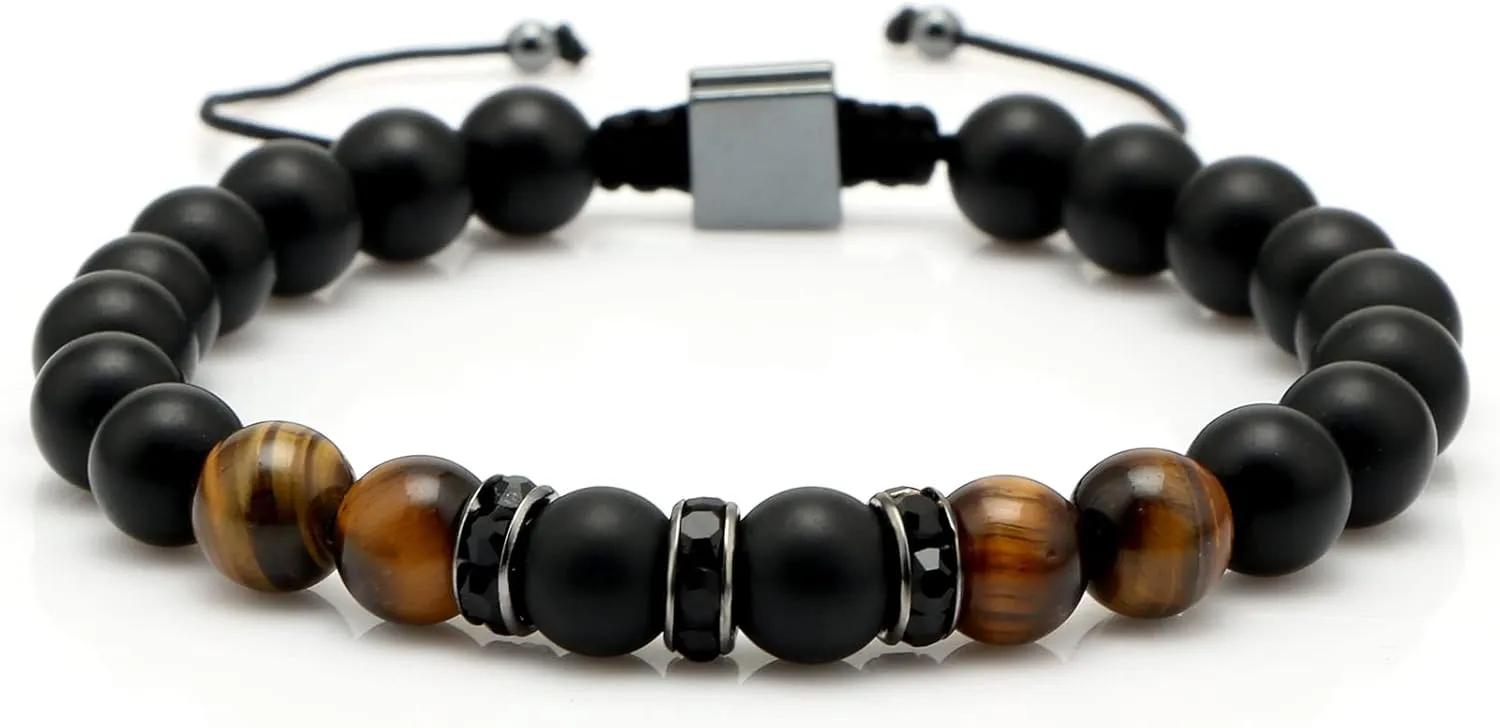 JoycuFF Fathers Day Birthday Gifts for Boyfriend Husband Brother from Girlfriend Wife, To My Man Adjustable 8mm Mens Tiger Eye Black Matte Agate Bead Bracelets